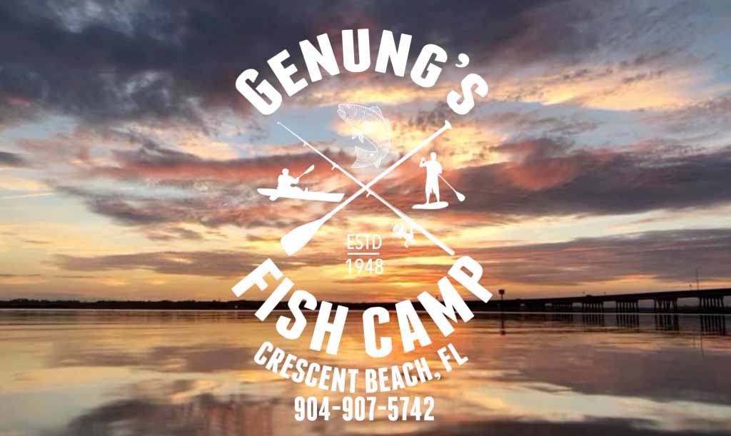 Genungs Fish Camp Logo over Sunset on Matanzas River