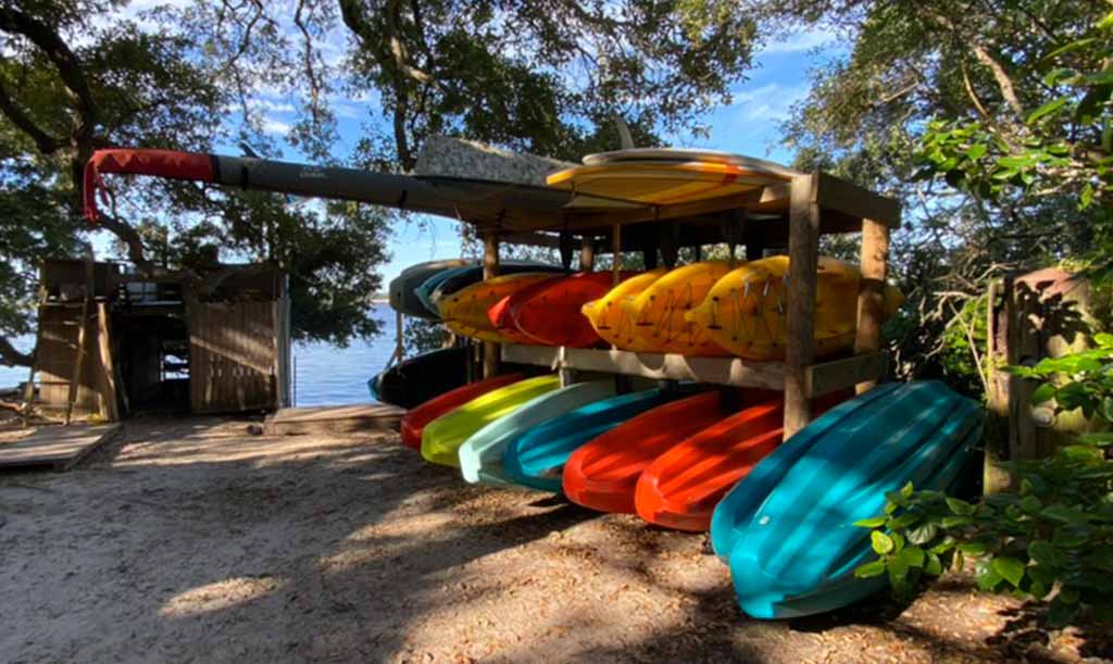 waterfront kayak storage available by the month at Genung's Fish Camp